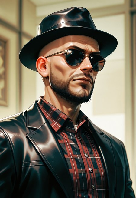 White a man wearing a hat and sunglasses,solo,shirt,1man,hat,closed mouth,jacket,upper body,male focus,collared shirt,blurry,black jacket,plaid,black headwear,facial hair,sunglasses,realistic,bald,plaid shirt,fedora , action crime themed, sharp, detailed, epic cinematic photography, artistic, dramatic light, cinematic color style, Kodak film style, breaking bad style, shallow depth of field, 