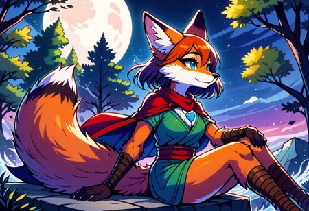 sfxm, anthro, female furry, fox, fox tail, fox ears, body fur, fluffy, paws, moon, trees, sitting, tunic, cape, scarf, heart-shaped pendant, leg wrap, bandages
