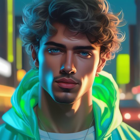 an image picture of a handsome young man, light blue and light green, <lora:NeonifyV2-000003:0.5> nnfy neon realism
