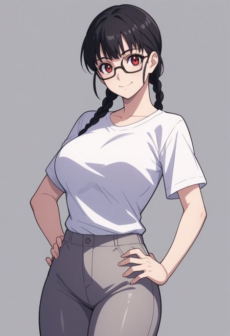 shiizaki lulu, 1girl, solo, glasses, black hair, braid, large breasts, red eyes,taut shirt, grey pants, black pantyhose, standing, hand on hip, smile, score_9, score_8_up, score_7_up, score_6_up, score_5_up, score_4_up