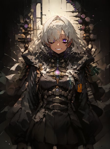 score_9, score_8_up, score_7_up, score_6_up, score_5_up, source anime, (dark skin), breasts, long hair, black hair, hair over one eye, sleeves past wrists, bags under eyes, long sleeves, smile, purple eyes, looking at viewer, blush, smile, looking at viewer, cowboy shot,  standing, realistic background, indoors, laboratory, room, shelves, scientist, science room, black pleated skirt, chemicals,  black jacket, white hair,  <lora:ncaaoo33_XL_15E_GT_V0.1:0.8> , ncaaoo33,  <lora:NoctAbstractConcept:1> , abstract, abstract background, particles,  <lora:ph4nt0m01lXLP:0.7> , ph4nt0m01l,  <lora:s0mXLP:0.7> , s0m,  <lora:Sinozick_Style_XL_Pony:1> , sinozick style, flat color, dark theme,  <lora:Pony_Stylized_Dark_Ambience_-_SDA:0.8> , dark atmosphere, glowy eyes, solo, looking at viewer,
