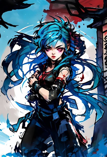 inkpunk, colored sketch in the style of ck-ccd, cyberninja girl, Japanese ninja Shrine maiden, Cian turquoise blue gradient hair, sidelocks, braided hair, ornaments, black and red ninja suit with a blood eye logo, standing in meditation pose in front of a shinto shrine