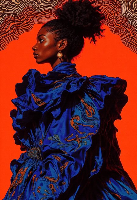 A vibrant digital artwork inspired by Henri Matisse’s bold color contrasts and Alexander McQueen’s intricate textile designs, featuring a profile view of a person with a rich, dark complexion set against a vivid, solid orange background. The subject is adorned in a stunning deep blue high-fashion ensemble, crafted from a blend of glossy satin and velvet, with dramatic ruffled layers cascading over the shoulders and arms, creating a sculptural, dynamic silhouette. Intricate abstract patterns in a lighter blue, resembling swirling waves or organic shapes, flow across the fabric, adding depth, movement, and a sense of modernity. The outfit’s glossy texture catches the light, highlighting its luxurious quality and adding visual rhythm to the design. The background integrates a striking optical illusion inspired by Bridget Riley’s "Fall," featuring sharp, interlocking black-and-white wavy lines that create a ripple effect, subtly blending into the orange backdrop while framing the subject in a surreal visual flow. This illusion provides depth and movement, drawing the eye toward the central figure. The subject’s hair is styled in an elegant updo, with soft, loose strands framing their face, exuding sophistication. They wear large, round gold earrings that glimmer against the bold palette, adding a touch of opulence. HD, 8K quality, ultra-detailed, modern high-fashion masterpiece, flawless composition.