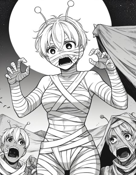 score_9, score_8_up, score_7_up, source_anime, <lora:vamola-manga-ponyxl-lora-nochekaiser:1>, vamola, short hair, bangs, hair between eyes, symbol-shaped pupils, antennae, star-shaped pupils, monochrome, greyscale, medium breasts,, <lora:mummy-costume-ponyxl-lora-nochekaiser:1>, mummy costume, bandages, halloween costume, bandaged arm, zombie pose, bandage on face,, desert, moon, night, open mouth, , dutch angle, cowboy shot
