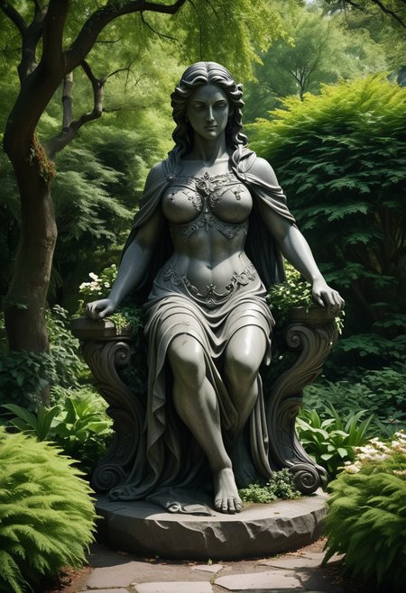 (medium full shot) of (magnificent stone statue) ,  ,  shield, located in  a secluded park, enveloped in dense foliage, featuring winding trails, hidden benches, sparkling streams, vibrant flower beds, ,Masterpiece,best quality, raw photo, realistic, very aesthetic, dark