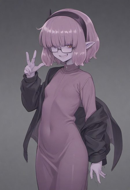 score_9, score_8_up, score_7_up, score_6_up, 1girl, solo, source_anime, purple skin, scar on face, freckles, slime hair, slime girl, pointy ears, demon wings, huge horns, drooling, bangs, hair over eyes, undead, hairband, glasses, suit jacket, white pencil skirt, long skirt, pantyhose, hairband, small breasts, skinny, curly hair, medium hair, hime cut, brown eyes, profile, winking smile, v