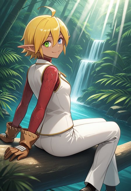 masterpiece, best quality, tomboy, blue eyes, jewelry, heterochromia, brown gloves, long sleeves, shoes, dark elf, scale armor, red shirt, dark-skinned female, blonde hair, hair between eyes, necklace, red carpet, white pants, green eyes, ahoge, pants, aura bella fiora,   1girl, pointy ears, tiny breasts, short hair, , white vest,
 outdoors, rainforest, nature, (fern), light rays, from behind, rock, waterfall, sitting on branch, dutch angle, looking at viewer, arm support, closed mouth, smile