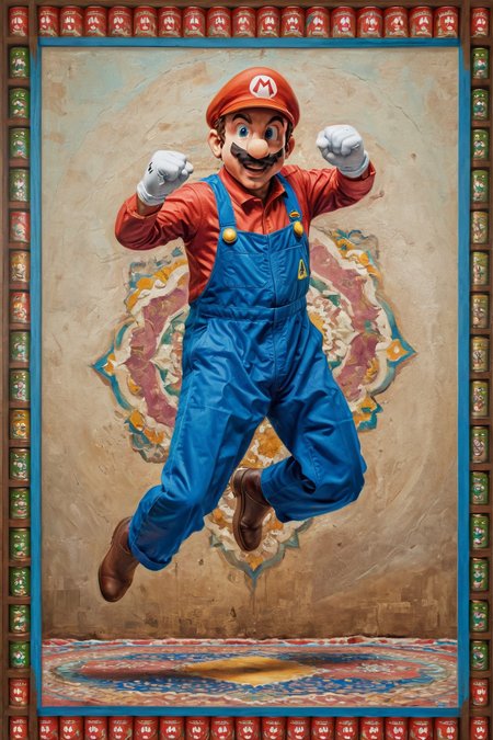 breathtaking, creative, dynamic pose, Eclectic, perfect, full body portrait, portrait, close up of a (mario:1.5) jump, proud, win, vivid Colors, masterpiece, colorful moroccan style background, cans, geometric patterns, <lora:Hassan_Hjjaj_Style:0.8> the, hassan, and, hjjaj, style, <lora:Pavel_Sokov:0.8> painting, pavel, sokov