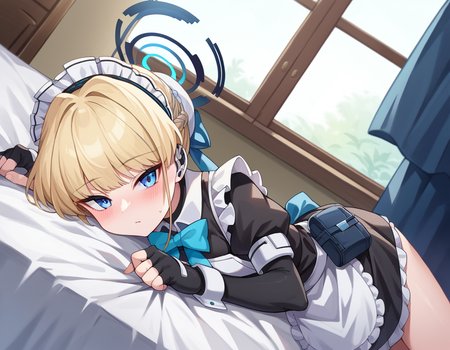 score_9, score_8_up, score_7_up, source_anime,
tokiasuma, <lora:toki-asuma-ponyxl-lora-nochekaiser:1>
toki, blonde hair, blue eyes,
hair bun, short hair, halo, apron, belt pouch, black dress, black gloves, blue bow, bow, dress, elbow gloves, fingerless gloves, gloves, halo, long sleeves, maid, maid apron, maid headdress, pouch,
indoors, bed, bed room, on side, blush, drunk,
looking at viewer, dutch angle, cowboy shot