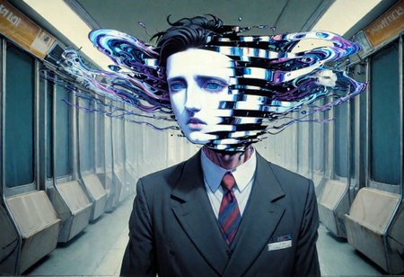 He lifts his head from his head, his eyes on strands of eyes, and in the glitch light handmade and homespun, he sees the visions of pasts lost in enigmatic phantoms and faces of light