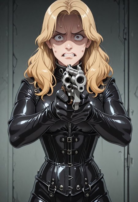 1girl, , blond hair, HW_corset, closed shiny black catsuit, posturecollar. gloves, <lora:misa-guido-okay-narancia-illustriousxl-lora-nochekaiser:1>, misa guido okay narancia, solo, looking at viewer, holding, weapon, holding weapon, gun, parody, holding gun, handgun, aiming, nervous, teeth, shaded face, clenched teeth, revolver,