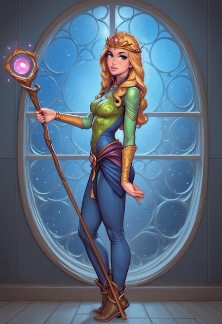1girl, (((side view))), from front, solo, illustration, comic style, highly detailed, skinny, model body, looking at viewer, masterpiece, best quality, 1girl, masterpiece, best quality, fayenchantress, 1girl, solo, blonde hair, long hair, blue eyes, (young beauty, fit body:1.3), ((((magic shining orb in staff right hand, opened magic book in left hand)))), ((((magic clothes, tiara)))), dynamic pose
<lora:FayEnchantress:0.9>
BREAK 
(((dark magic Observatory inside, night sky in window:1.6)))) score_9, score_8_up, score_7_up, score_6_up, source_cartoon, rating_explicit, Expressiveh, ((((full body))))), dynamic pose