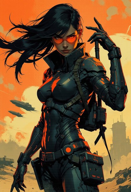 in the style of ck-mgs, nistyle, Inkplash art on rice paper, sepia, henna, Silhouette Art, magnificent, inksplash, closeup portrait, female bounty hunter, flowing black hair, reflective black and neon red armor, futuristic armor, a rifle strapped to her back, holstered pistol, holding hand up to block dust flying in her eyes, abstract background suggesting a harsh desert world, Spaceships flying overhead, dust storm, windy, 
Cowboy Shot, close up,