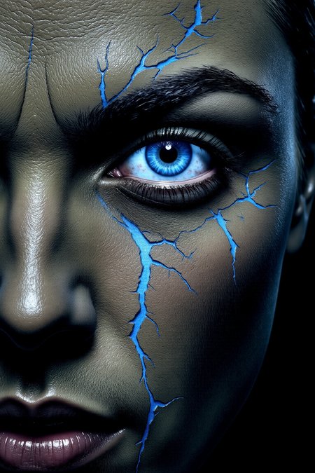 This haunting image features a close-up of a face, with intense, icy-blue eyes staring forward from skin that appears cracked and desiccated, as if transformed into hardened earth. The eyes are striking, almost glowing, with a crystalline quality that draws immediate focus amidst the parched, textured skin. Their vibrant blue stands in stark contrast to the grayscale tones surrounding them, making the eyes feel like portals to something alive and deep within, despite the cracked surface. The skin, with its intricate web of fissures, resembles dry, barren ground, complete with jagged breaks and fault lines. Faint streaks of electric blue glow within some of the cracks, as though veins of energy or life pulse beneath the hardened exterior, suggesting that vitality still runs beneath the seemingly lifeless surface. Shadows fill the deeper crevices, accentuating the roughness and evoking a sense of decay, transformation, or struggle. The overall effect is both surreal and symbolic, blending organic human elements with an otherworldly texture to explore themes of resilience, hidden strength, or metamorphosis. The interplay of life and desolation, particularly through the contrast between the bright eyes and the cracked skin, suggests a narrative of survival and endurance, where beauty and vitality persist even in the harshest conditions. The composition and textures evoke a sense of mystery and depth, leaving a powerful, lasting impact. 
<lora:Comic book V2:1.09> Comic book style. <lora:FFS_v.2:0.65> FFS style face.