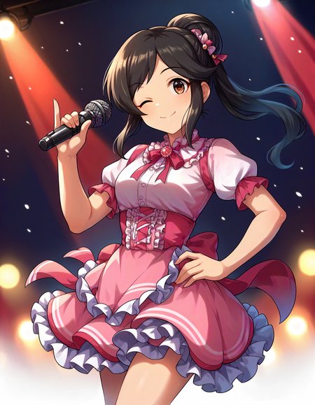 score_9,score_8_up,score_7_up,1girl,solo,cowboy shot,looking at viewer,smile,wink,closed mouth,holding microphone,hand on hip,stage lights,
<lora:momoiazuki_ponyXLV6:0.8>,cgmaz,
black hair,single hair bun,ponytail,brown eyes,
pink dress,puffy short sleeves,frilled skirt
