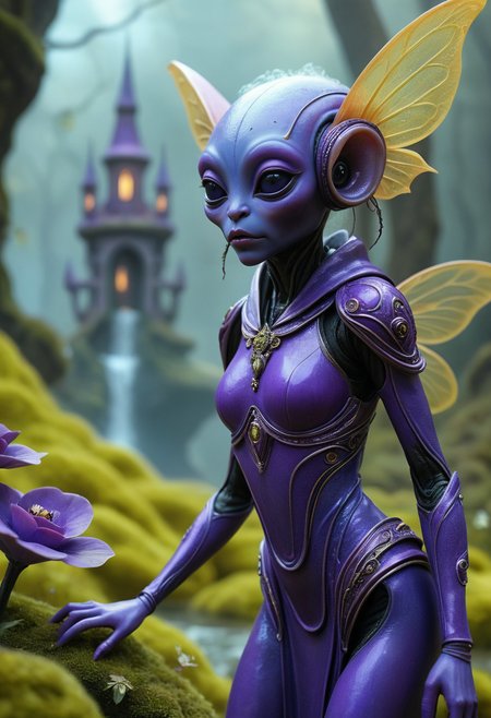 best quality, reality-shot, realism, realistic photography of a fantastical fairy alien with whimsical elements, magical fairytale landscape, elaborate fantasy style art, royal purple theme, intricate details, ultra sharp, exquisite detail, flawless composition, vivid colors, masterpiece, exciting background <lora:alien-species:1> alien species