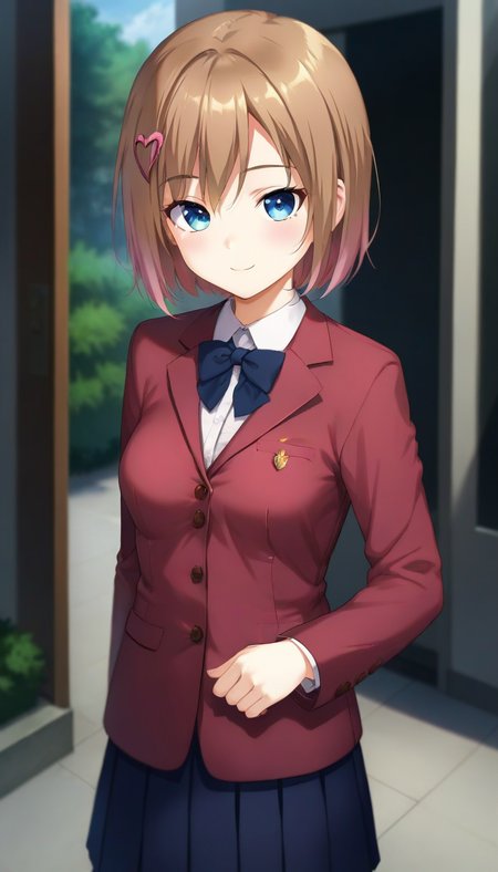 score_9,score_8_up,score_7_up,score_6_up BREAK official art,solo,outdoors,upper body,(portrait:1.5),looking at viewer,facing viewer,smile,blush,(petite:1.5),Wataya Rio,short hair,brown hair,heart hair ornament,hairclip,bangs,blue eyes,school uniform,red jacket,Blazer,white shirt,collared shirt,long sleeves,sleeves past wrists,medium breasts,blue skirt,pleated skirt,white socks,loafers,<lora:Wataya Rio(od)-Pony:1.4>,