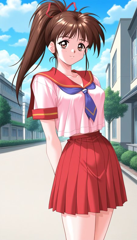general,highres, game cg, ultra-detailed,very aesthetic,best quality ,best hands,  BREAK  <lora:Tanaka_Misa_IS:1>TanakaMisa, 1girl, brown hair,brown eyes, ponytail, long hair, breasts, hair ribbon, medium breasts, school uniform, serafuku, red skirt, pleated skirt,  
solo, skirt, day, outdoors, looking at viewer, arms behind back, sky, building, cowboy shot, cloud, necktie, short sleeves, bangs, high ponytail, sailor collar
1990s (style), takei masaki style,