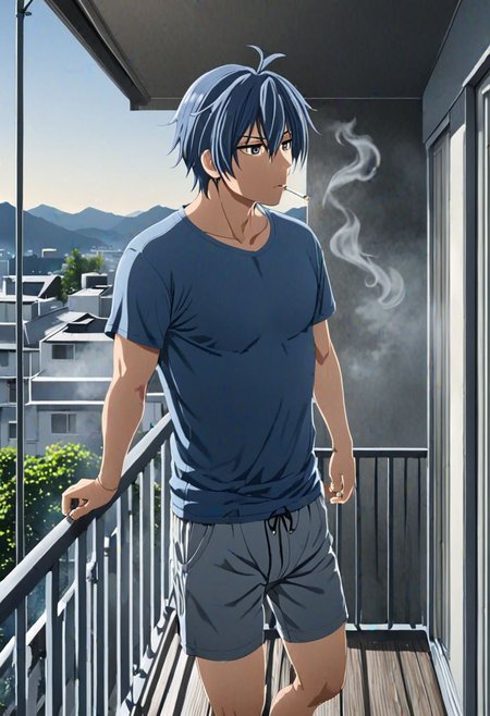 high resolution, solo, best quality, 1Boy, Tomoya Okazaki, Grey Blue Hair, home balcony, morning, cigarette, coffee, t-shirt, shorts, looking away, OverallDetail