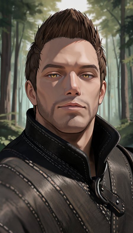 masterpiece, best quality, newest, perfect quality, best quality, detailed background, intricate details, male focus, solo, <lora:Skyrim Romance Mod - Bishop - Illustrious 2-000007:0.7>, srm_bishop, 1boy, mature male, brown hair, very short hair, yellow eyes, stubble, leather armor, forest, looking at viewer, head tilt, portrait, seductive look