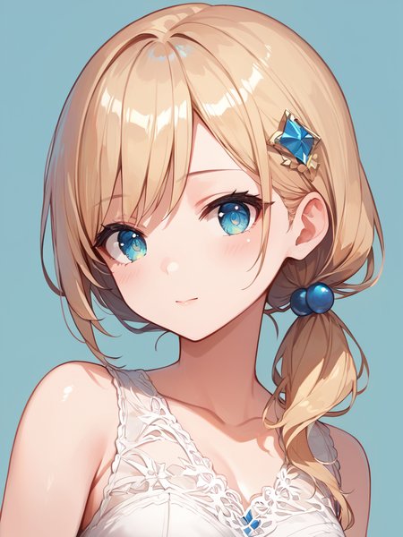 score_9, score_8_up, score_7_up,source_anime, high res image,masterpiece,best quality,girl,cute face,clear skin,shiny hair,ultra detailed eyes,simple background,    <lora:lose sidetail_pony_V1.0:1> lose sidetail, side ponytail, hair ornament