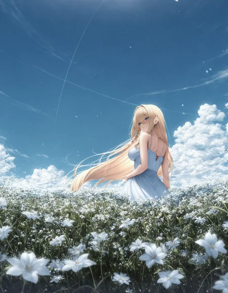 [flower field, blue sky, cloud, :1girl, (eichi \(yashokuya\):0.9), (fouriasensei:0.9), (piromizu:0.8), turning around, flower field, blue sky, cloud, blonde hair, blue eyes, hair between eyes, sidelocks, side braid, single braid, medium breastssundress,, :0.1], masterpiece, best quality, extreme quality, cg, 8k