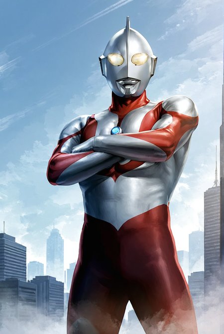 score_9,score_8_up,score_7_up,best quality,ultra-detailed,high resolution,digital painting,8k,1boy,solo,cowboy shot,male focus,bara,detailed face,tokusatsu,alien,bodysuit,yellow eyes,no humans,standing,crossed arms,giant,sky,cityscape,<lora:add-detail-xl:1>,<lora:Ultraman:0.8>,ultraman,