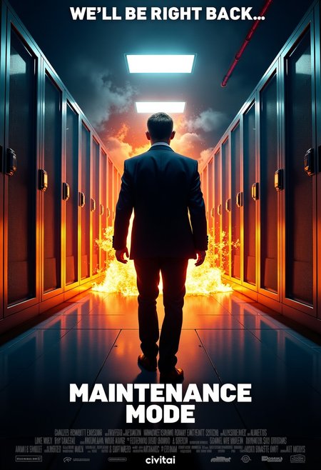 thrilling action movie poster, a realistic secret agent in a suit, server room exploding in background, cool title card with the text "Maintenance Mode", watermark at the bottom with the text "civitai.com", tag line at the top with the text "We'll be right back..."