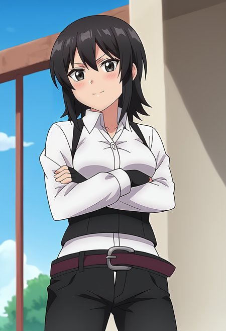 score_9, score_7_up, hd, (ultra hd quality details), source_anime, outdoors, blue sky,
solo, 1girl, black hair, elnakakushi, medium breasts, anime screencap,
white shirt, long sleeves, collared shirt, black vest, black gloves, fingerless gloves, belt, black pants,
looking at viewer, blush, smile, 
from below, crossed arms, serious,
<lora:_elna_stongs-elesico-ponyv2-rev4:1>