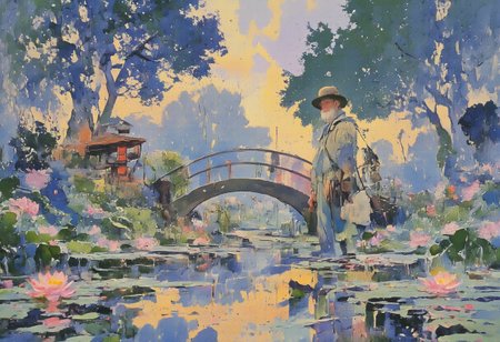 Claude Monet, the renowned Impressionist artist, standing stoically in his Giverny garden in 1914. His eyes are steely with determination as the distant rumble of artillery pierces the tranquil air. He is surrounded by a riot of colorful flowers: vibrant lilies float atop the pond's serene surface, their reflections shimmering under the soft light of a setting sun, while a canopy of green willows arch gracefully over the water's edge. The iconic Japanese bridge stretches across the water, connecting the lush banks. The painter himself is in the foreground, dressed in his signature straw hat and blue smock, palette in hand, brushes resting against a wooden easel that holds a canvas partially obscured by his body. The colors on the palette mirror the hues of the garden, suggesting his deep connection to the natural world. Despite the looming shadow of war, the vividness of Monet's surroundings stands as a testament to his unyielding resolve to continue his artistic endeavors amidst the chaos. The scene is suffused with a poignant silence, a stark contrast to the cacophony of battle that echoes in the distance, serving as a symbol of beauty's steadfastness in the face of destruction. The composition is framed by the darkened sky, hinting at the impending nightfall that metaphorically reflects the tumultuous times, yet it is pierced by a sliver of golden light, a beacon of hope that persists over the horizon of his beloved sanctuary.