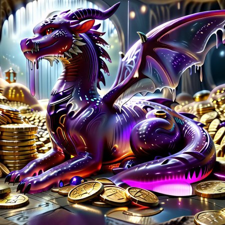 1dragon, highly detailed deep purple dragon, deep purple dragon made out of slime, scaly deep purple slime dragon, slime dragon with red eyes, deep purple slime dragon laying in its hoard, blue slime dragon with wings, dragon wings, detailed claws, detailed feet, detailed tail,
multi-colored gems made out of slime, in a room of treasure made out of slime, gold coins and bars made out of slime, piles of coins, piles of gold slime coins, piles of gold slime, tiny gold slime coins, 
treasure-room, treasure, gemstone, coins, gold bars, gold pile, 
everything made of slime, No simple background,
((translucent slime)), ((transparent slime)), (bioluminescent slime), sl1m3, slime, ais-blmn, watce, je11y, thickwater, great lighting, ral-lava, even lighting, no bright spots, saturated colors,
