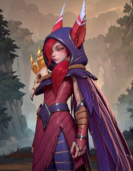 <lora:OMS_Xayah:1> 2d, anime screencap, 1girl, solo, slim, xayah_lol_wr, eyebrows, cheek marks, slit eyes, yellow eyes, red hair, long hair, bangs, hair over one eye, animal ears, ears through headwear, medium breasts, hood up, hood, feathers cloak, red dress, belt, bird skull, yellow feather on bird skull, red skirt, gauntlets, bandage pants, monster bird feet,
looking at viewer, 
amazing quality,very aesthetic,absurdres,newest,
indoors, bedroom, white bedsheets,
 outdoors, forest, nighttime, cowboy shot, from side, side view