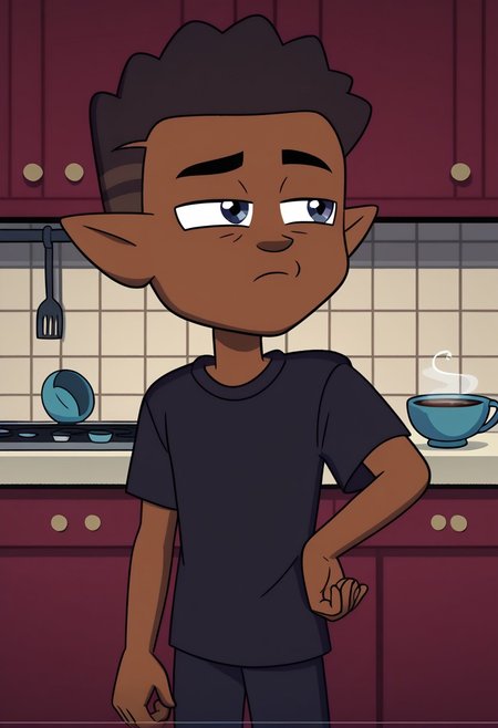 score_9, score_8_up, score_7_up, high quality,perfect anatomy, show accurate, solo,1boy, kitchen,
brown skin and dark brown hair with lighter shades, pointy ears, dark blue eyes, kitchen background, wear only oversized t-shirt, loose clothes, one hand holding cup of coffee, one hand on hip, perfect hands, sleepy eyes, messy hair, loose clothes, eyes half close, show accurate, perfect hands, perfect anatomy,perfect hands,