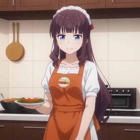 hifumi takimoto, solo, 1girl, apron, cooking, kitchen, (smiling:0.5),,
fresh food, tasty food, simple food,,
looking at viewer,, 2D, anime style, anime coloring,,masterpiece, best quality, absurdres, very aesthetic