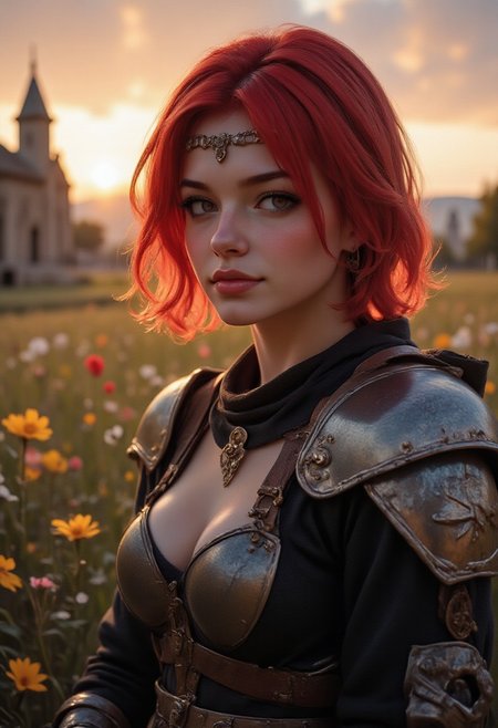 Midjourney_Whisper, A hyper-realistic portrait of a stunning supermodel, featuring a beautifully detailed face with captivating eyes and a serene expression.
Stunning illustration. masterpiece. bewitching color, depth of field, soft lighting, sharp focus, anime,  <lora:ILLUSTRATION_2_FLUX v2:0.4> <lora:midjourney_whisper_flux_lora_v01:0.4>
The passage describes a highly detailed and ethereal side-profile portrait of a . full body shot, masterpiece, best quality, 1girl, extremely beautiful, medium large breasts, slender body, curvy, wearing nordic clothes, mystic jewelry, model pose, perfect composition, seductive smirk, cute, very pretty, subtle, simple, close up, female, girl in armor, short red hair, tired, around a field of flowers, sunset, ruins, anime