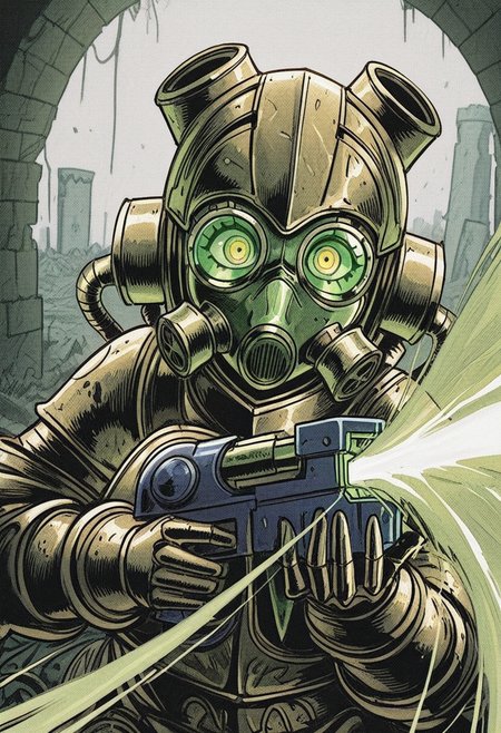 813nm0hstyle,   masterpiece, best quality, solo,                                                                                                                                                                                                                                                   1girl, female, gas mask, coils and tubes from mask, green lenses mask, apocalpytic ruins background, action, upper body, holding plasma gun, makeshift armor from parts,