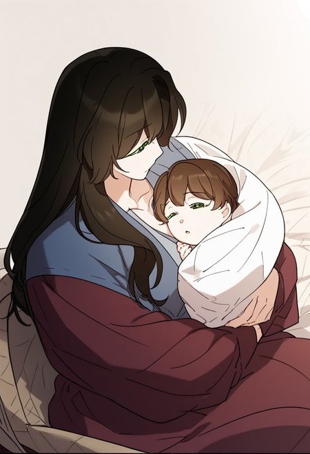 1girl, score_9,score_8_up,score_7_up, blanket over body, 
Mildred, green eyes, green eyebrows, brown hair, long hair
 looking down at baby, sitting down, (baby sleeping), baby carry, holding baby,