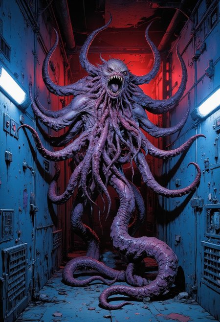 Comic book style A monstrous entity grotesquely melded to the wall in a narrow maintenance shaft, with multiple twisted tentacles extending defensively from its body. Blue light filters through ventilation grilles, casting thin beams across the slick, mutated flesh binding it to the wall. Red emergency lights blink rhythmically, casting an eerie hue on its hideous, toothy maw that screams without sound. Its sinewy tentacles, covered in small, hooked barbs, reach out as if sensing movement, adding a chilling sense of malevolence to the confined space.