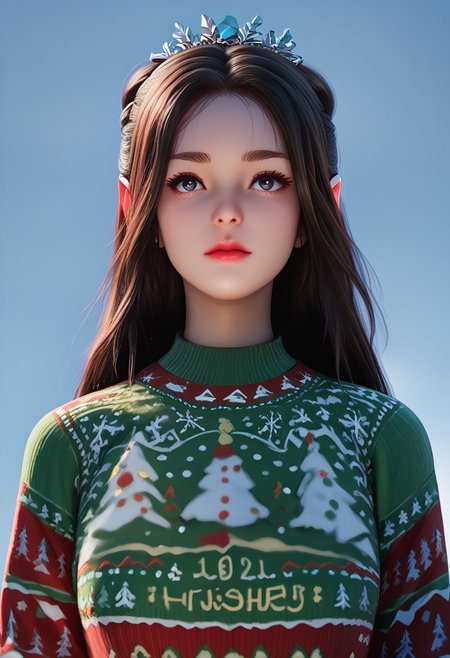 score_9, score_8_up, score_7_up, score_6_up, score_5_up, score_4_up, masterpiece, ultra-detailed, high resolution,
christmas_sweater,chuxue, Demon，
1girl, portrait, a pure and beautiful elf, long hair flowing, wearing a green Christmas sweater, blue scarf, with snow gently falling from the sky, looking charming and innocent.