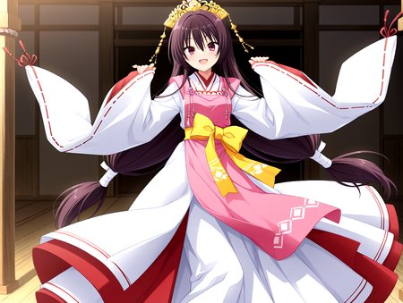 masterpiece,best quality,newest,absurdres,highres,detailed eyes,beautiful,high quality iris,detailed background,solo,perfect eyes,anime coloring,anime screencap,
nsfw,explicit,<lora:add-detail-xl:1>,<lora:ponyv4_noob1_2_adamW-000017:0.8>,wear clothes,
1girl,
looking at viewer,
doyagao,strong smile,open mouth,blush,wind lift,
<lora:il-unohana-sakuya-KAMI:0.8>,il-unohana-sakuya,1girl,ukami outfit,solo,very long hair,wearing a pure white furisode kimono with long flowing sleeves and a floor-length hem,layered with red and pink fabrics,a  pink upper long apron integrated into the outfit,shrine maiden ceremonial outfit,golden headdress,yellow bow on waist,elegant white gown with a trailing hem,a ceremonial deep red pleated inner garment trailing beneath the outer white kimono,