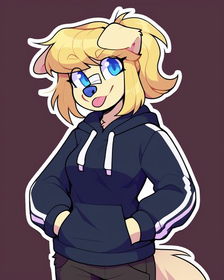 score_9_up, score_8_up, score_7_up, score_6_up, by remanedur, half-length portrait, blonde hair, medium breasts, floppy ears,  furry female, blue eyes, female, furry, golden retriever, nose bandage, looking at viewer, pony tail, blonde fur, solo, tongue out, blep,  hoodie, hands in both pockets, pants, three-quarter view, head tilt, simple background, white outline, <lora:Leah_Pines(AIM)_XL_v1:0.15> <lora:PDXL_artist_tags_v2_big:0.5> <lora:The-Minuscule-Task_PDXL_v1.0:0.6>   <lora:Aubrey_Stormhand_ohmiyoni:0.65>