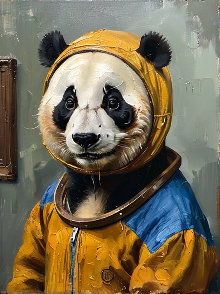 masterpiece,best quality,<lora:tbh122-sdxl:0.9>,portrait of panda astronaut,oil painting,style of Jan Vermeer,