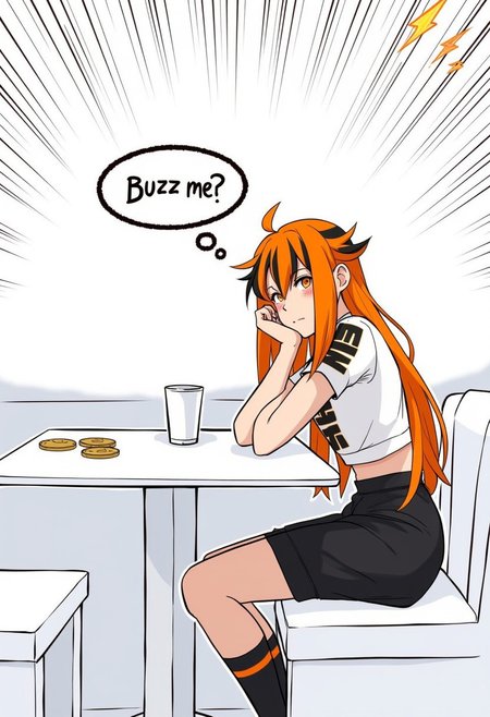 Fei Vaughna is sitting at a table in the diner. Her orange and black striped hair was starkly contrasted by the white decor and surroundings. She sits at an Empty table with a sad face, orange and black striped hair, cropped T-shirt, black skirt. coins on the table. [Thought bubble contains "orange lightning bolt" and the words "Buzz me?"]