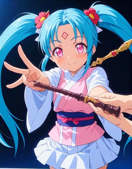 anime, best quality, (masterpiece:1.4), (high quality:1.4), sharp focus, 4k, absurd resolution, detailed hands, score_9, score_8_up, score_7_up, score_6_up, source_anime, anime, best quality, (masterpiece:1.4), (high quality:1.4), sharp focus, 4k, absurd resolution, highly detailed, highres, extremely detailed, short girl, <lora:sasami.pony:0.8> sasami, sasami magic, sasami true
source anime, smile, looking at viewer, wand, school uniform, weapon, twintails, aqua hair, facial mark, flower, forehead mark, freckle, hair flower, hair ornament, long hair, green long sleeves, miniskirt, pink eyes, white skirt, pink obi, shadow puppet,