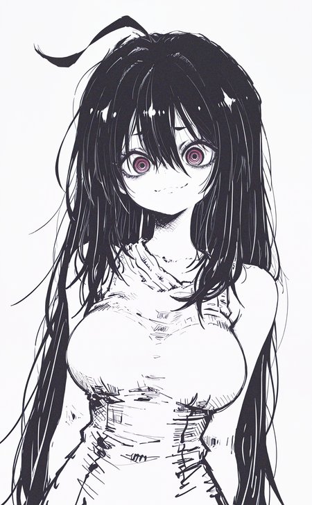 masterpiece, best quality, amazing quality, monochrome, dutch angle, 1girl, solo, (big ahoge:1.2), long hair, black hair, large breasts, ringed eyes, (big eyes:1.2), Thin waist,
hair between eyes,
looking at viewer, smile, closed mouth, arms behind back,
dress,dress sleeveless, bare shoulders, white background, (sketch),
upper body, J4gkB_illu,h4ra_illu,
Flat vector illustration <lora:checkpoint-e18_s306:1.3> <lora:namukijpg_ill:0.7> <lora:J4gkB_style-000019:1> <lora:hara_id_21:1>