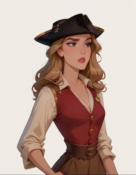 <lora:Disney_Style:.9> <lora:princess_xl_v2:.75> <lora:add-detail-xl:.9> <lora:g0th1cPXL:.3> <lora:Cherry-Gig:.45> <lora:Expressive_H:1> <lora:PLASTT_PonyV6:1> <lora:Elizabeth_Swann_ZairaSass_v1:0.7> score_9, score_8_up, score_7_up, zPDXL, DisneyRenstyle, score_9,score_8_up,score_7_up,score_6_up, 
(white background, plain background, ambient light), (standing, 3/4 view), 
1girl, solo, sexy 18 year old, british girl, (Elizabeth Swann, Pirate Disguise), perfect face, beautiful face, defined cheekbones, defined jawline, light brown hair, thick hair, thick dark eyebrows, dark brown eyes, dark lashes, thin lips, nude colored lips,  
confused expression, narrow eyes, one hand on hip, perfect hands, 5 fingers, slender waist, tall, slender, sexy, 
black tricorne hat, white sleeves, white tunic, red vest, red waistcoat, brown trousers, holding compass, looking at compass,