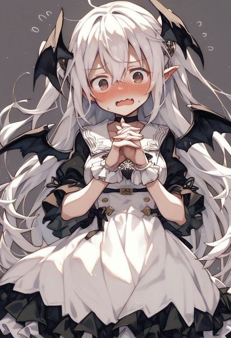 score_10, score_9, score_8_up, embarrassed fallen angel girl with angelic demonic wings, source_anime, blush, kawai, cute