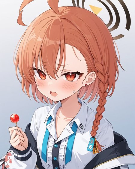neru \(blue archive\),1girl, halo, mole_under_eye, korean_text, ahoge, solo, jacket, looking_at_viewer, white_shirt, blush, sweatdrop, speech_bubble, single_braid, holding_lollipop, open_mouth, simple_background, upper_body, stud_earrings, collared_shirt, long_sleeves, open_clothes, ear_piercing, off_shoulder
<lora:neru_(blue_archive)_image1870_2023-11-28:1>halo. gorgeous,key visual, vibrant, studio anime,award-winning, professional, highly detailed,high budget, cinemascope