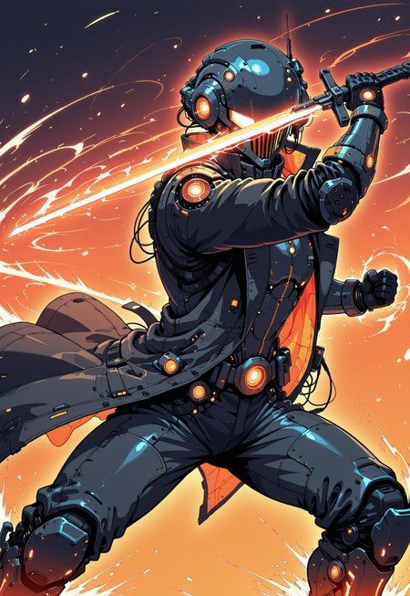 masterpiece, ultra detailed, ultra-detailed, 32K, very aesthetic, 2d, 1man, full armor, black trenchcoat, open coat, hi-tech, sci-fi, neon orange, orange glow, dynamic pose, fighting stance, (motion effect:1.5), dual wield, holding swords, glowing blade, zzCitronLegacy, in the style of cknc,