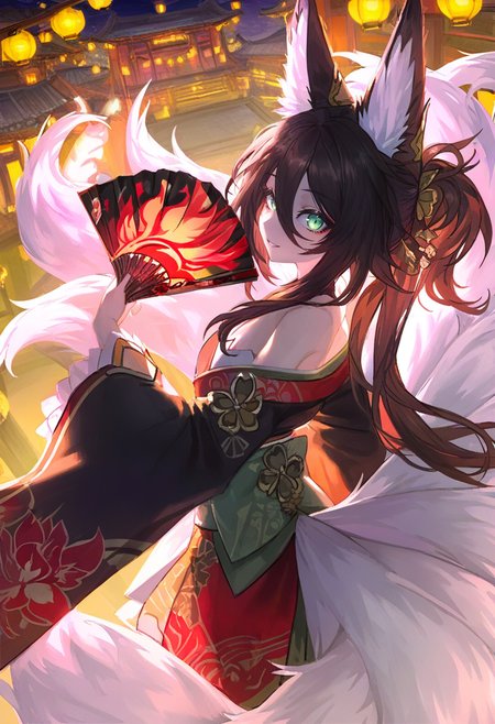 1girl, animal ears, tail, fox ears, green eyes, fox tail, hand fan, long hair, multiple tails, looking at viewer, holding fan, solo, holding, japanese clothes, fox girl, animal ear fluff, hair between eyes, night, brown hair, bare shoulders, kimono, wide sleeves, kitsune, hair ornament, smile, bangs, folding fan, looking back, lantern, off shoulder, east asian architecture, outdoors <lora:quasarcakeXL_NBVP1_lokr_V6311P:0.95>